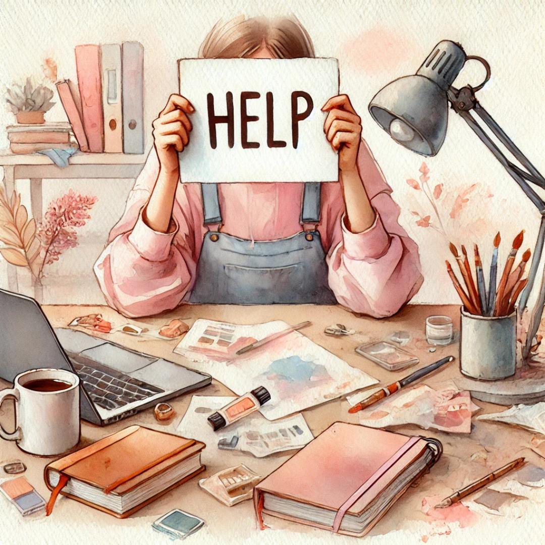 A watercolour image of a busy person sat at a messy desk holding up a note that simply says help to signify they need help with the admin work by using a remote admin assistant
